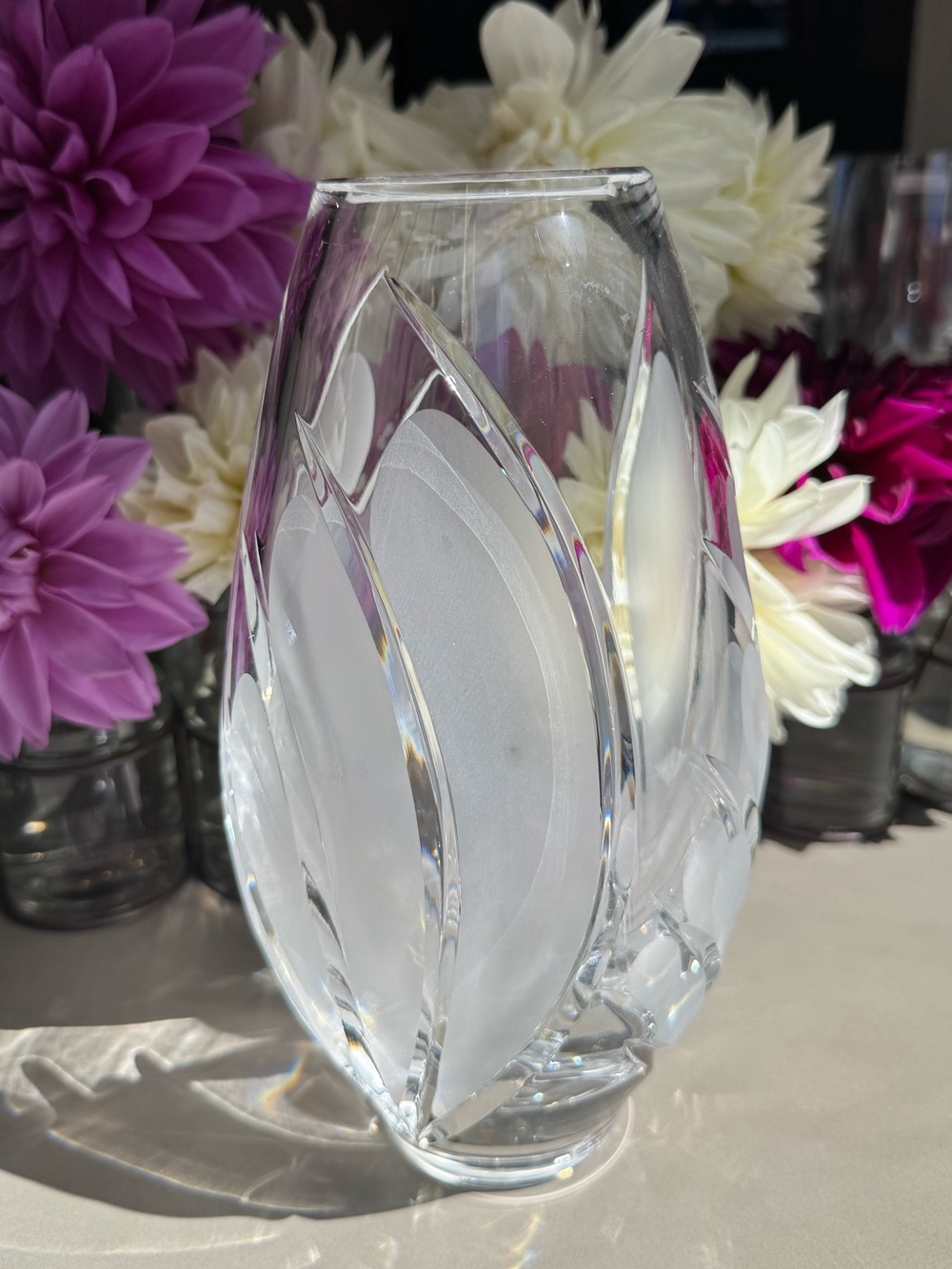 Marquis by Waterford Coventry 10” Heavy Crystal Vase Frosted Leaf Signed
